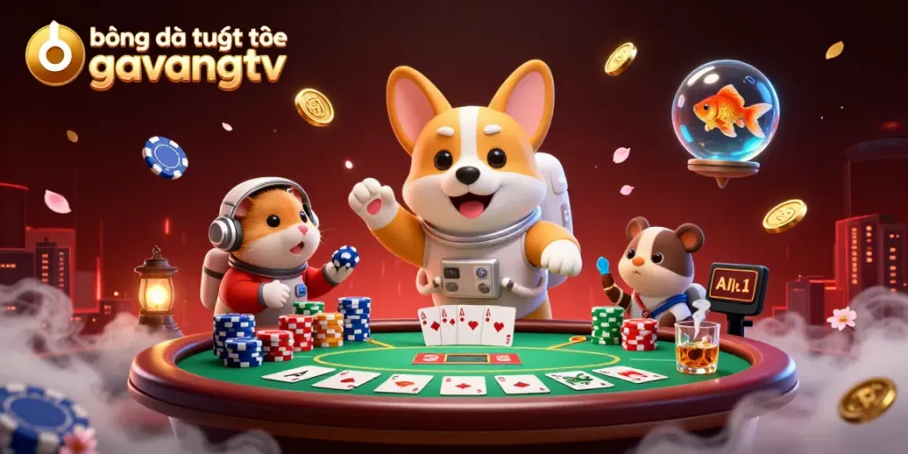 bóng đá trực tuyến gavangtv showcasing a dynamic floating casino scene featuring poker elements and colorful characters.
