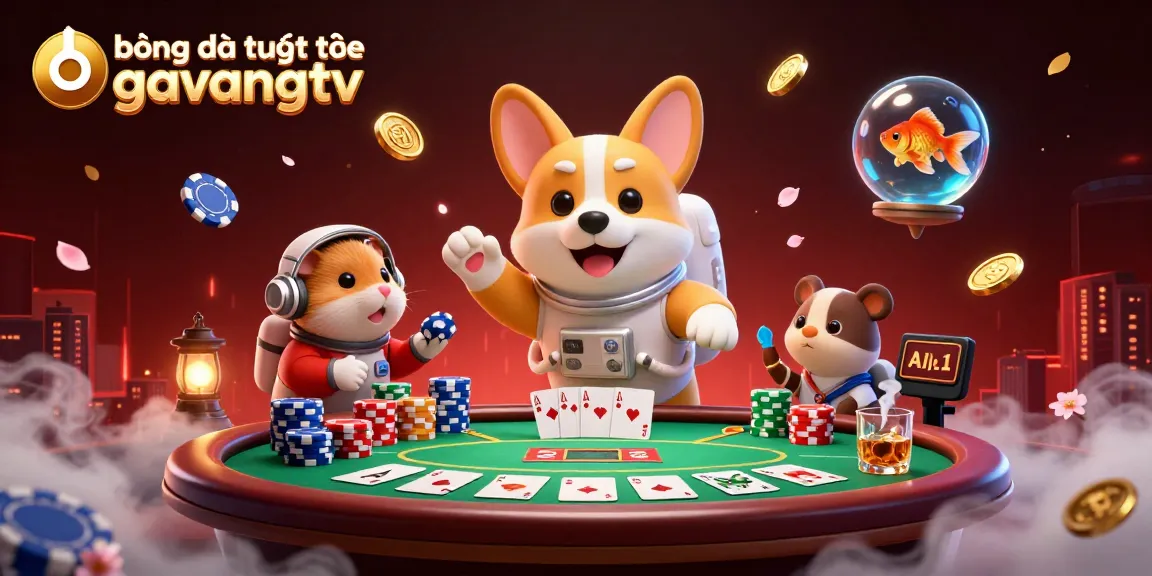 bóng đá trực tuyến gavangtv showcasing a dynamic floating casino scene featuring poker elements and colorful characters.