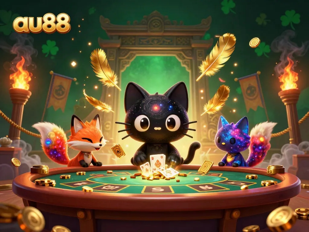 Experience the cosmic thrill of au88 with whimsical characters at a dazzling casino table.