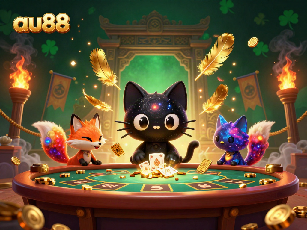 Experience the cosmic thrill of au88 with whimsical characters at a dazzling casino table.