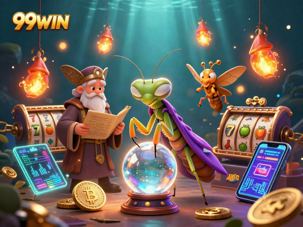 Engage with 99WIN's thrilling slot reels and jackpot in an enchanting 3D casino scene.