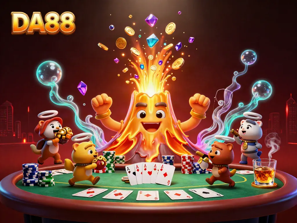 Enjoy the excitement of DA88 with a golden volcano erupting treasures at a lively poker scene.