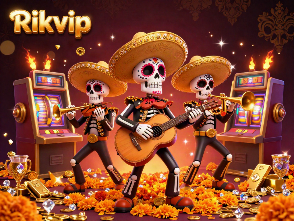Engage with Rikvip's vibrant casino experience where a lively mariachi band plays amidst treasures of gold and jewels.