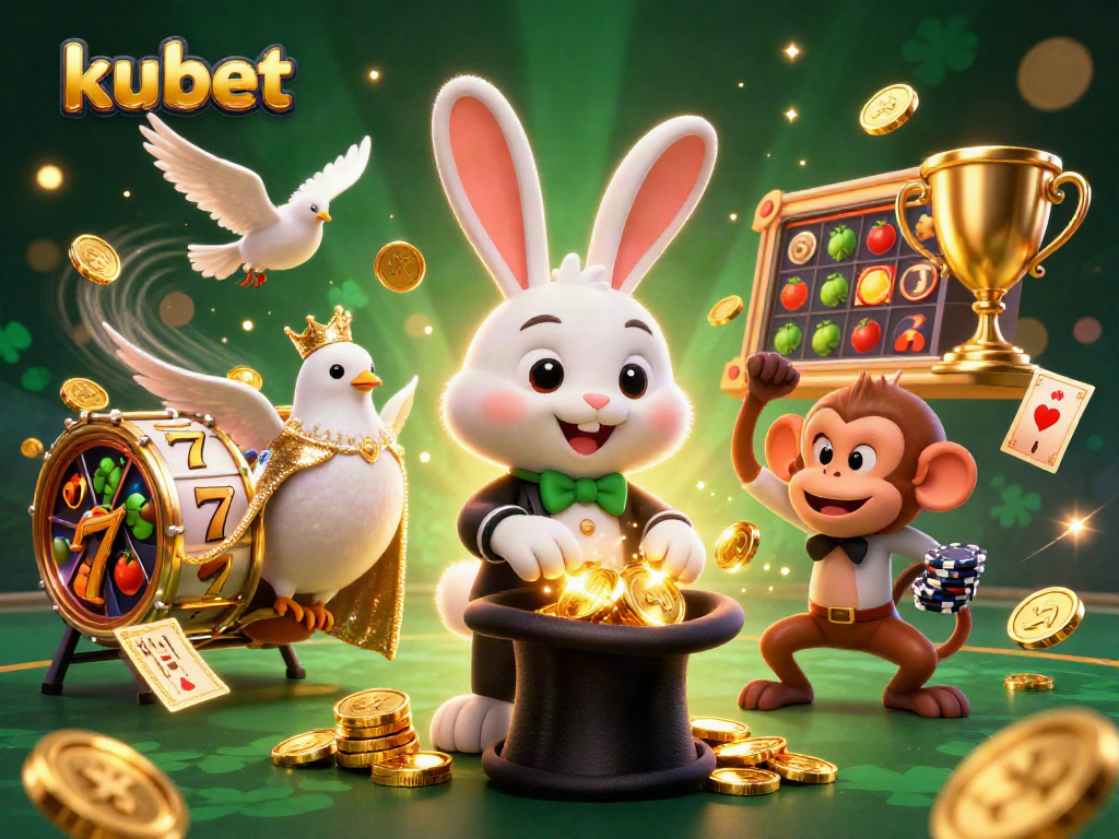 Kubet provides a lively slots scene with a magician rabbit, dove, and monkey, showcasing exciting gaming elements.