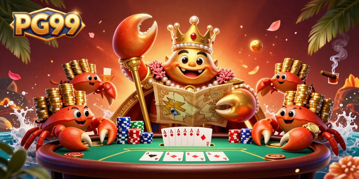 Engage in PG99 poker action with a lavish golden crab champion surrounded by vibrant casino elements.