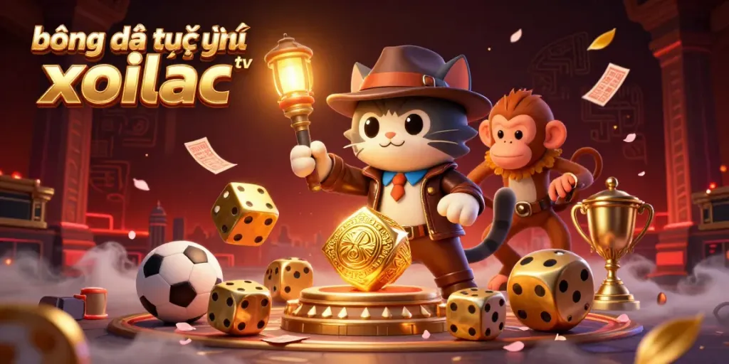 Bóng đá trực tuyến xoilac tv showcases an adventurous cat discovering casino artifacts with a monkey in a vibrant scene.