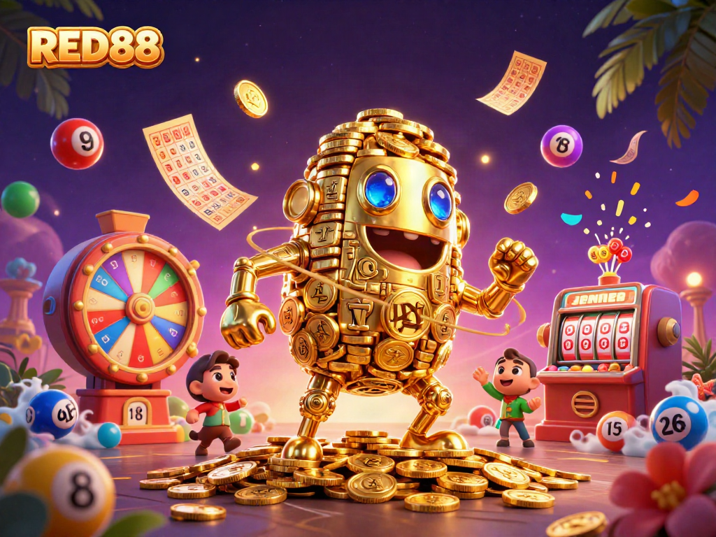 Experience the excitement at RED88 with vibrant gaming elements and a golden golem central character.