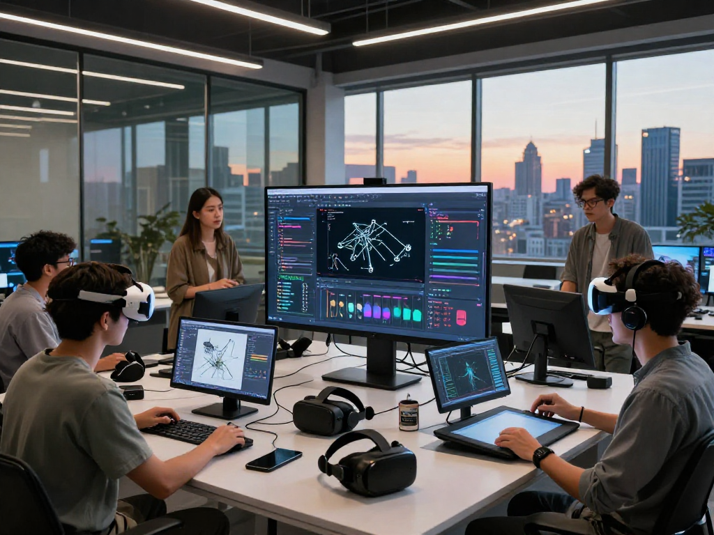 Innovative workspace showcasing nsfw ai technology with diverse team collaborating on AI art tools against a vibrant urban skyline.
