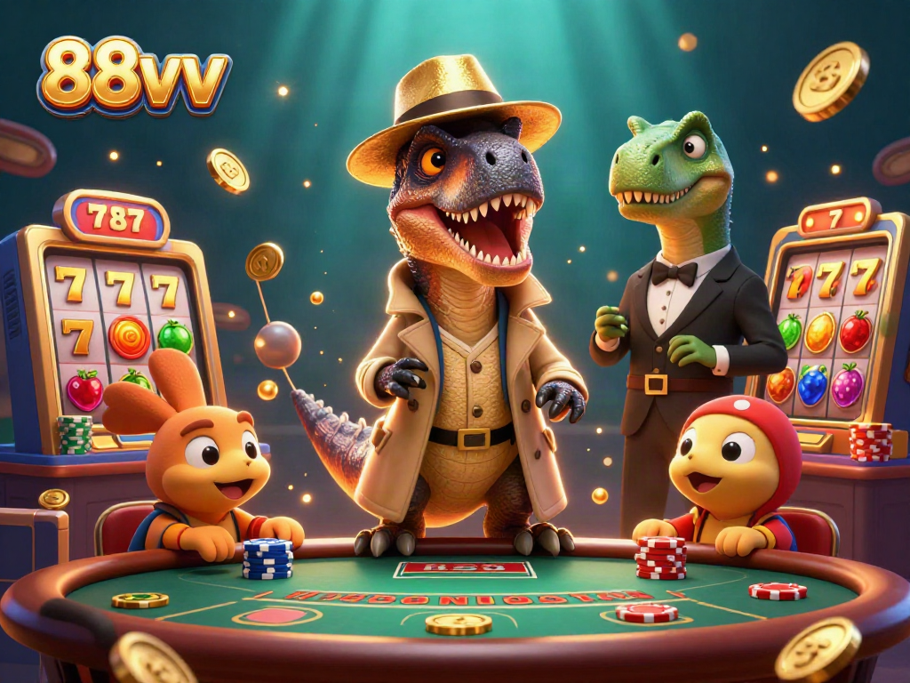 Experience thrilling blackjack action with 88vv's vibrant casino scene featuring unique dinosaur characters and slot elements.