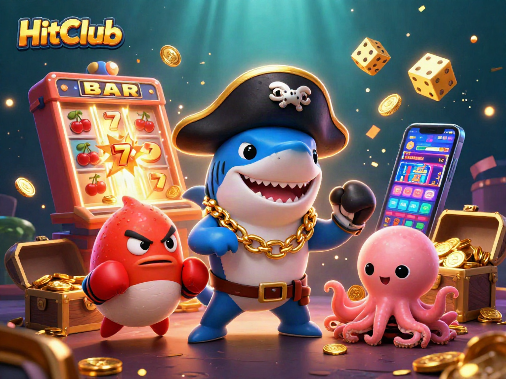 Jackpot excitement at HitClub with adorable casino characters and vibrant gaming elements.