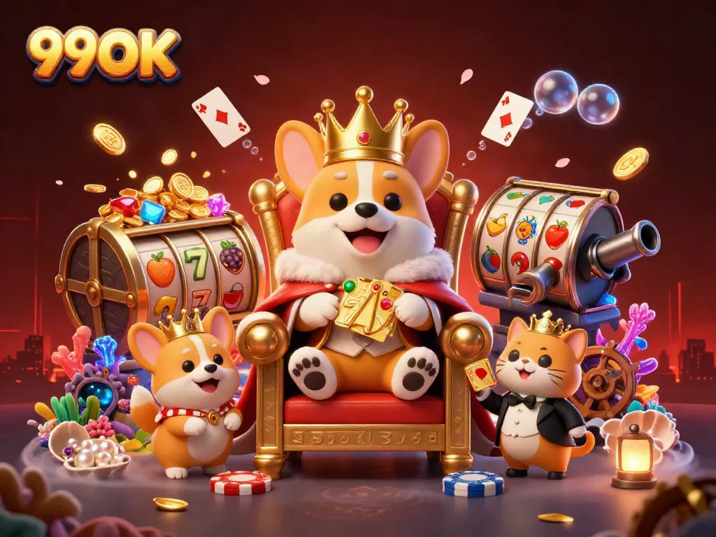 Experience 99OK's thrilling casino atmosphere with a royal corgi on a poker chip throne.