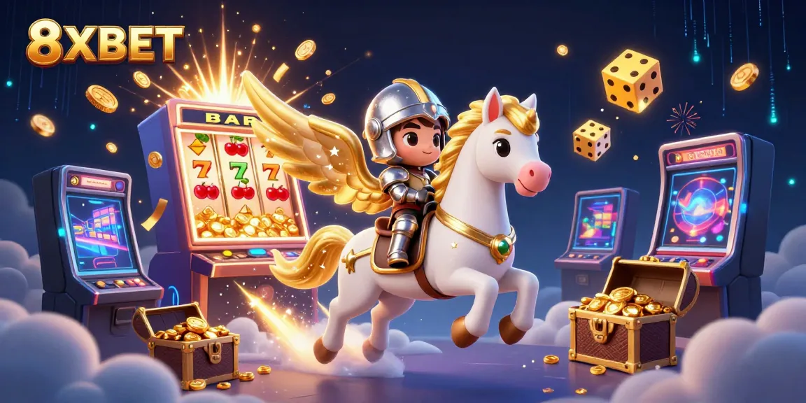Experience the thrill of 8XBET with a magical 3D casino scene featuring cartoon characters and vibrant game elements.