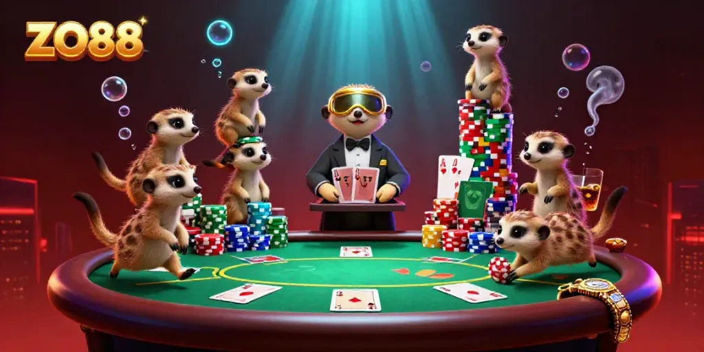ZO88 meerkats running an animated casino with poker tables, colorful chips, and vibrant effects.