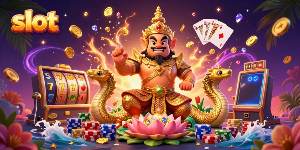 Engaging scene depicting a vibrant slot machine theme with a Thai guardian and Naga serpents.