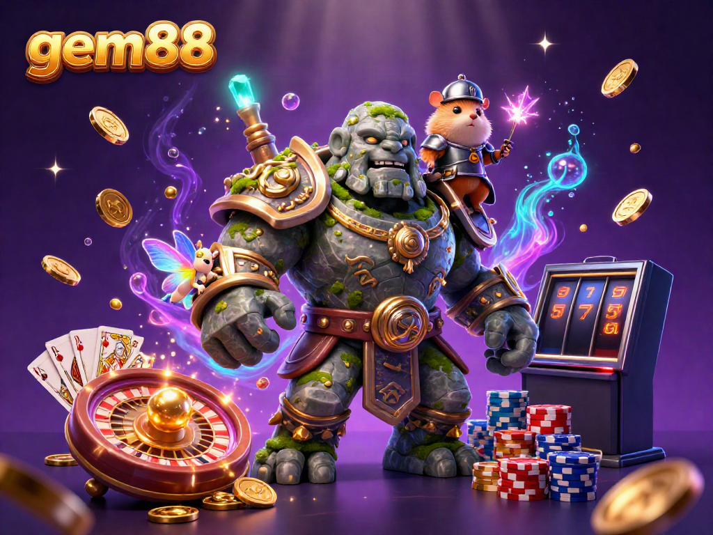 Experience the magic of gem88 with a lively golem guardian, fairy magic, and a hamster knight in a bustling casino.