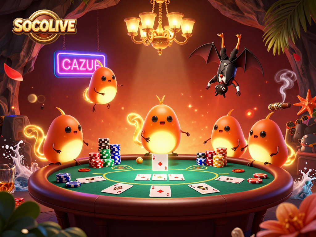 SOCOLIVE offers a vibrant cave casino scene with glowworms illuminating poker action.