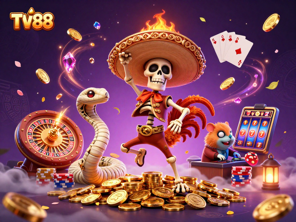 Experience the exhilarating energy of TV88 with vibrant characters celebrating atop golden coins in this compelling casino illustration.