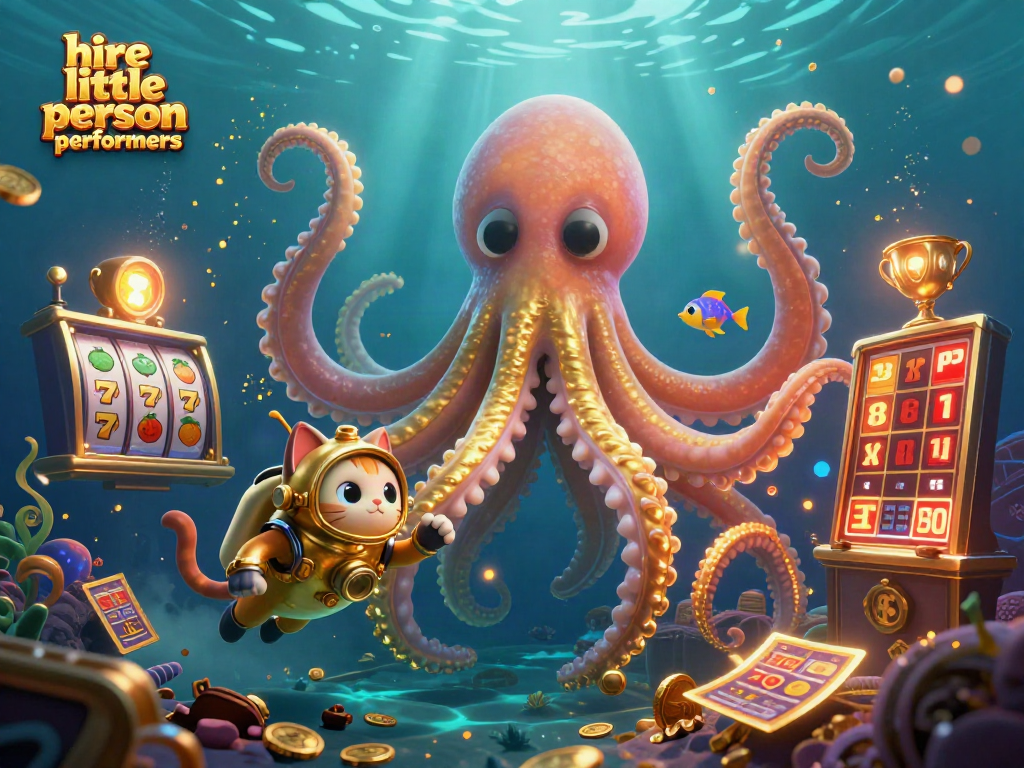 Hire little person performers while enjoying thrilling slot action in a vibrant casino setting.