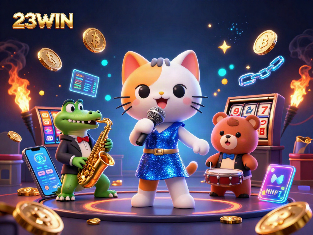 Play casino games like slots with 23WIN's vibrant characters and engaging background.
