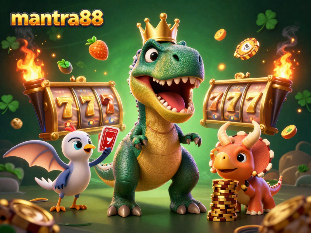Experience thrilling gameplay with mantra88 as a T-Rex shuffles cards, showcasing dynamic slot reels.