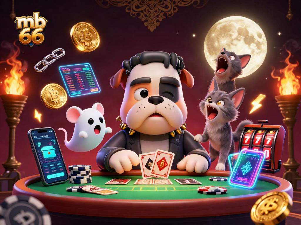Engage with mb 66: A vibrant scene of a cartoon bulldog dealer and spooky characters amidst casino action.