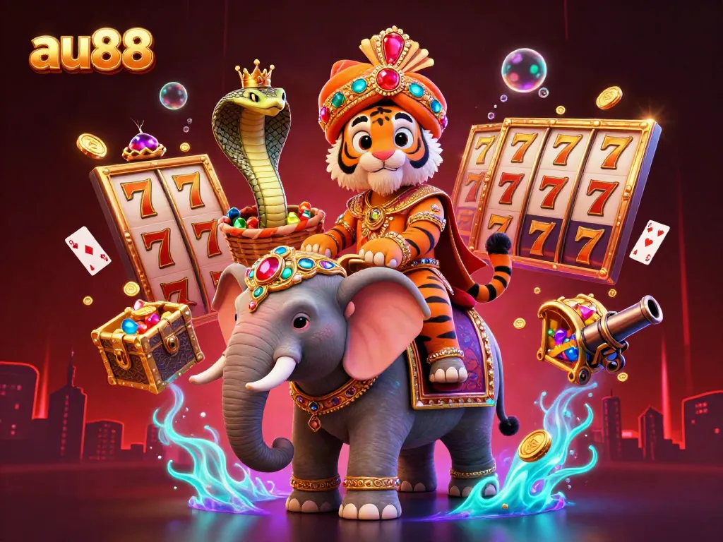 Experience the vibrant gaming world of au88 with a cartoon maharaja tiger and jewel-encrusted elephant amidst exploding treasure and floating cards.