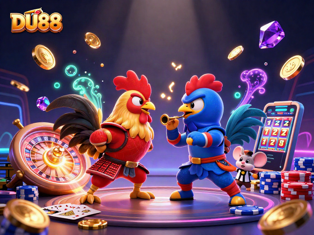 Experience the thrill of DU88’s fighting roosters amidst coins and gems in this vibrant casino scene.