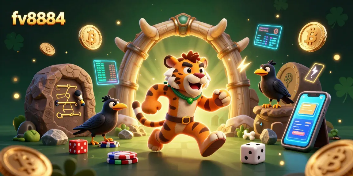 Engage with the vibrant fv8884 casino experience featuring a prehistoric gaming scene with crypto coins.