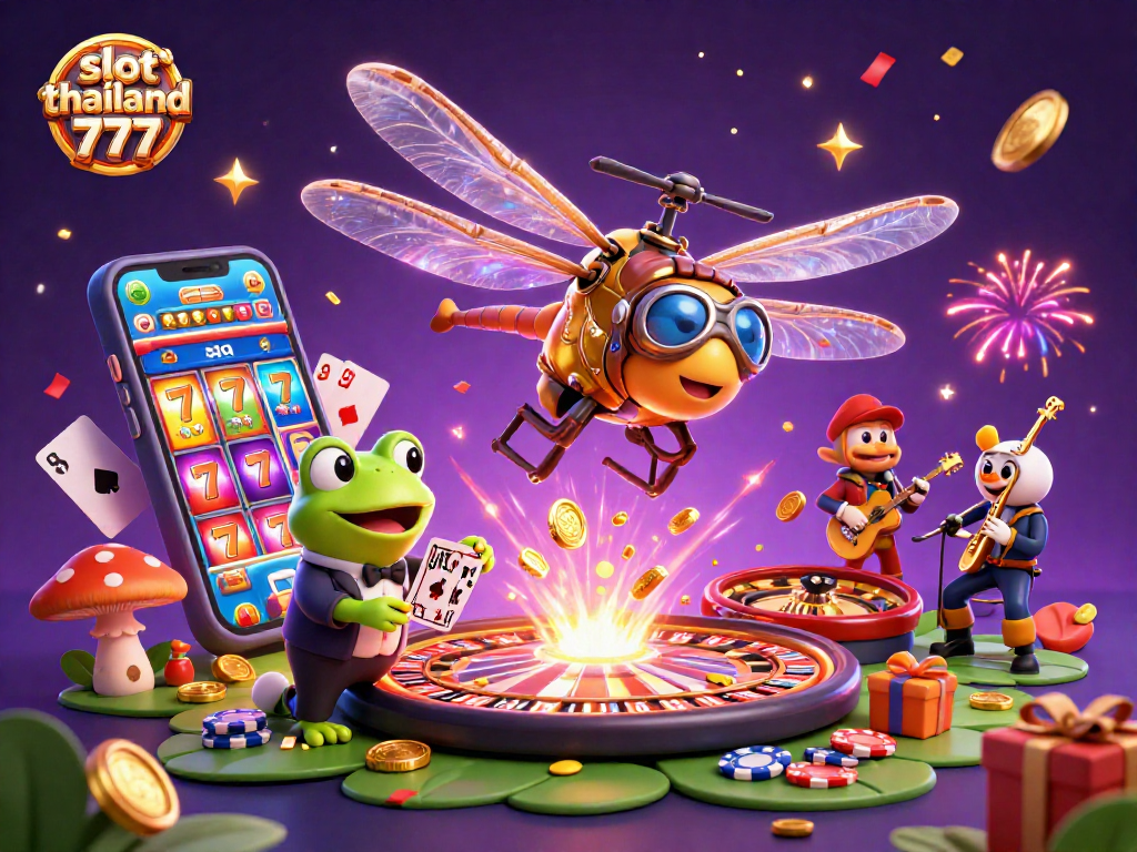 Engage with slot thailand 777 through a lively casino scene featuring a dragonfly pilot and a frog croupier.