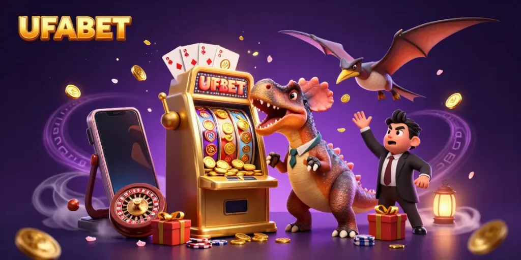 UFABET engages players with thrilling slot action, featuring a dinosaur headbutting a jackpot machine amidst flying coins