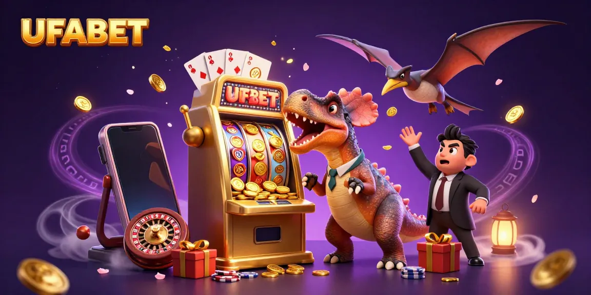 UFABET engages players with thrilling slot action, featuring a dinosaur headbutting a jackpot machine amidst flying coins