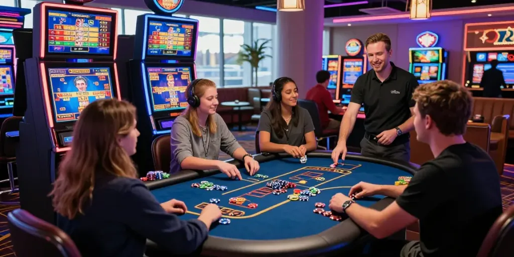 Dynamic gaming scene of usa casino sites for uk players with diverse individuals enjoying online slots and poker in a vibrant atmosphere.