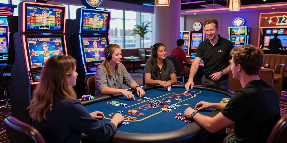 Dynamic gaming scene of usa casino sites for uk players with diverse individuals enjoying online slots and poker in a vibrant atmosphere.