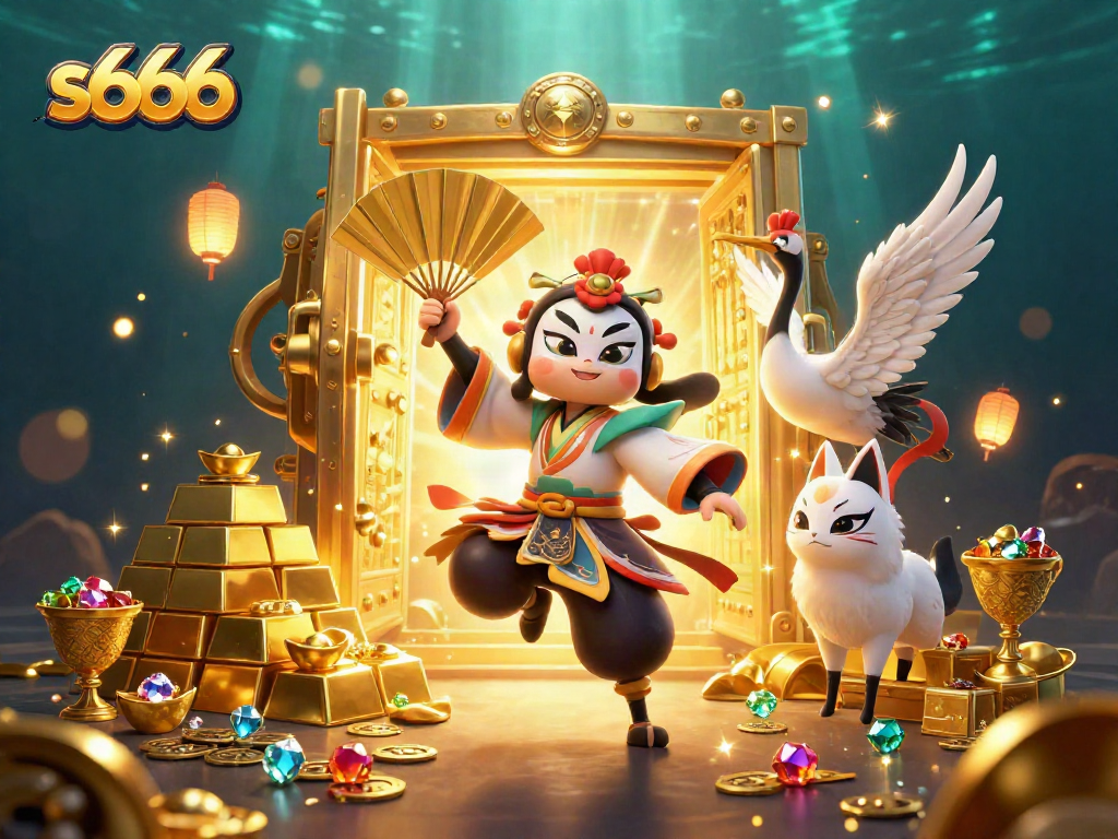 s666 players enjoy a vibrant casino environment with kabuki warrior characters and treasure around them