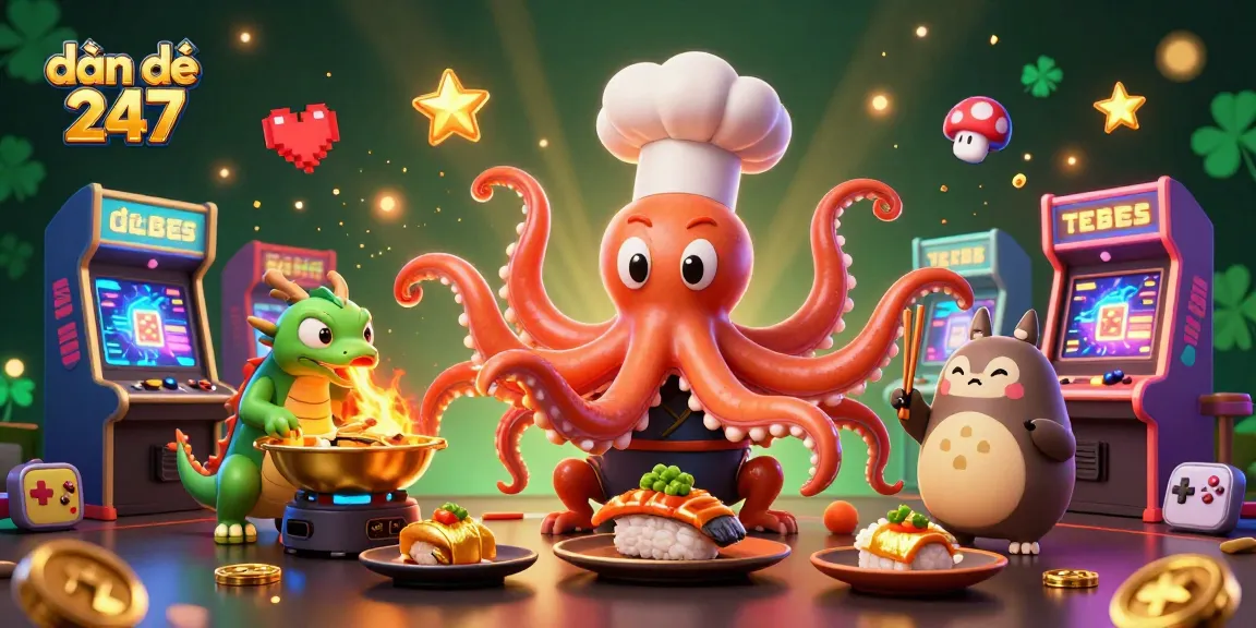 Engage with dàn đề 247 as the octopus chef prepares winning dishes in this vibrant casino-themed scene.