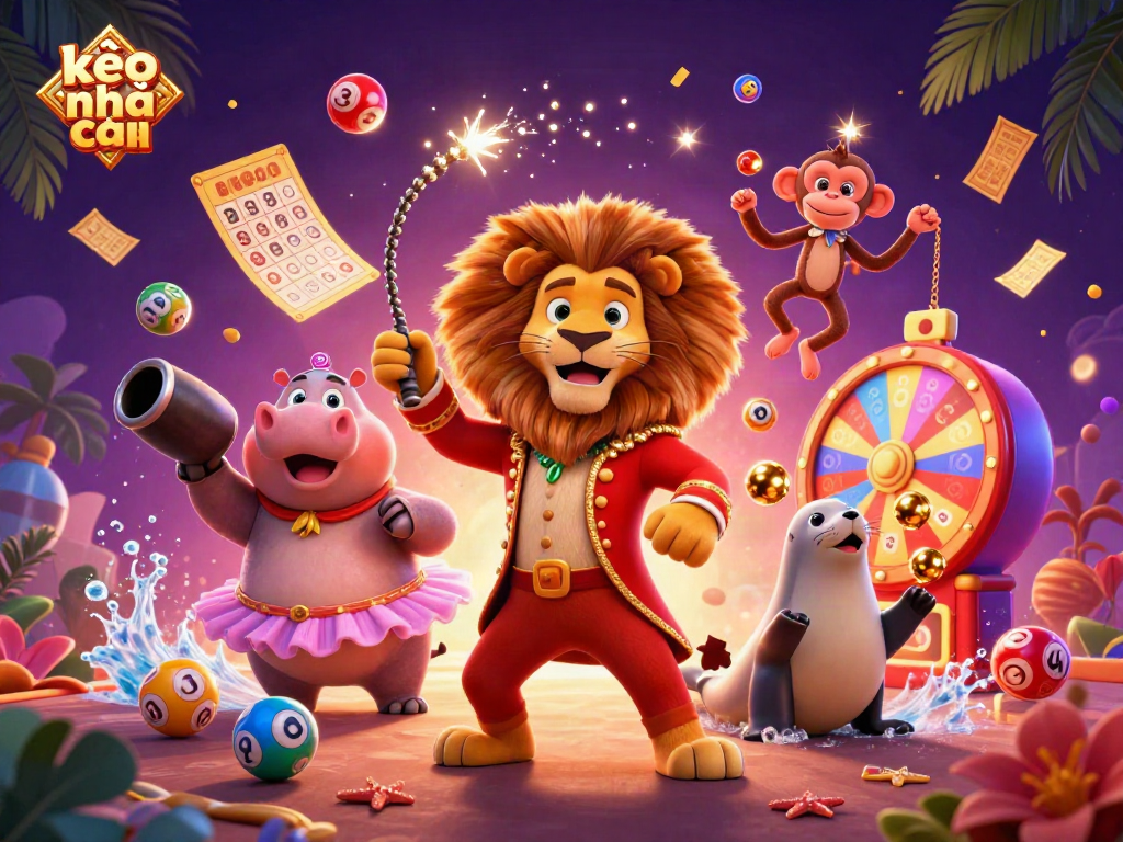 Engage with kèo nhà cái as the lion ringmaster dazzles in a vibrant 3D circus scene.