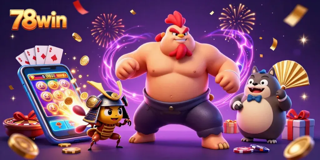 Experience thrilling gameplay at 78win with bold characters and casino action elements.