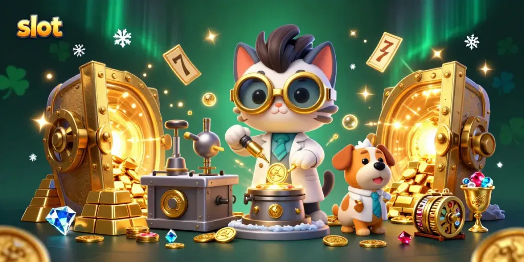 Spin slot reels for jackpots as a mad scientist cat creates coins in a dynamic casino scene.
