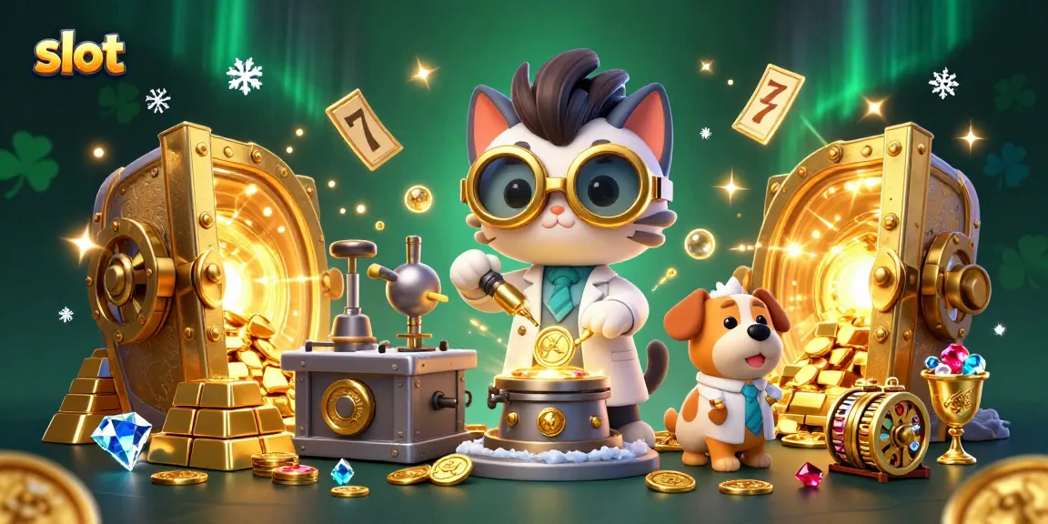 Spin slot reels for jackpots as a mad scientist cat creates coins in a dynamic casino scene.