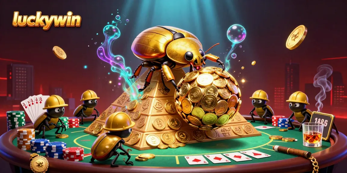 Engage with luckywin's captivating casino world featuring a golden beetle and poker elements.