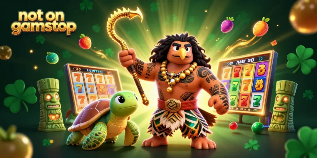 Experience gaming action at not on gamstop casinos with vibrant slot reels and captivating characters.
