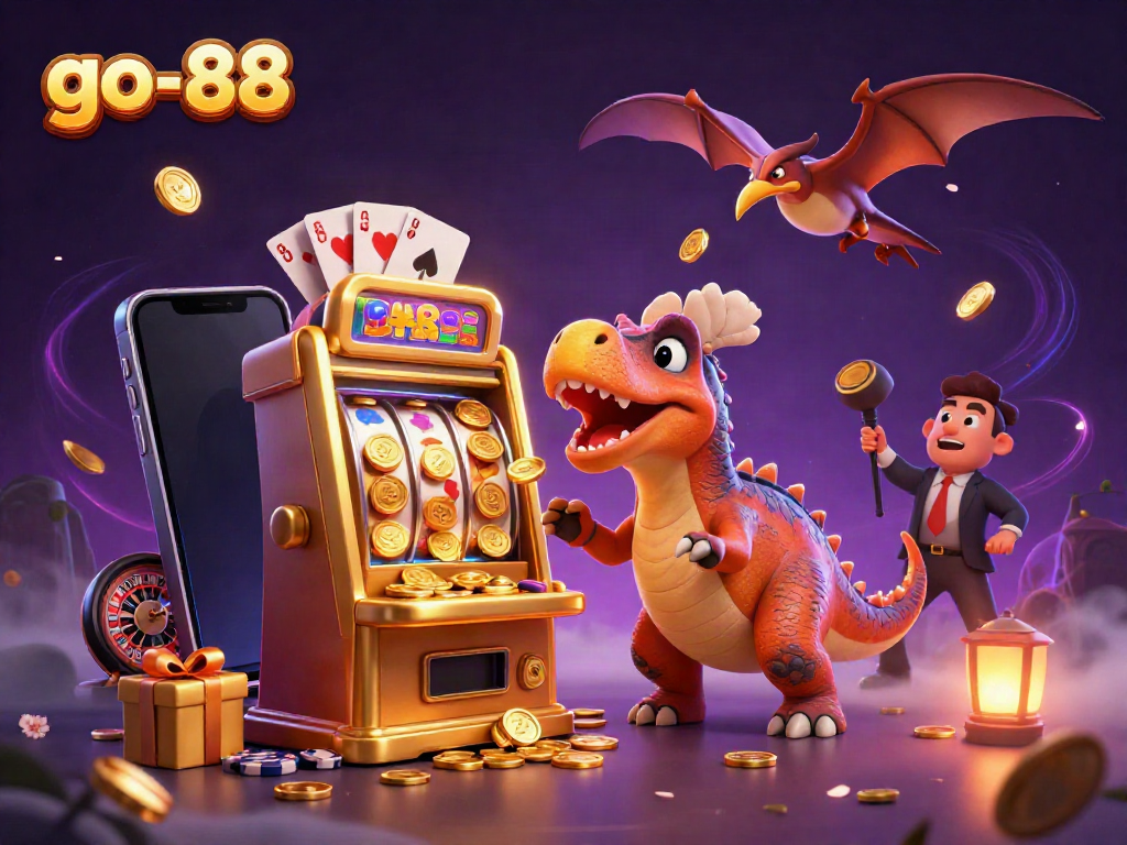 Experience thrilling jackpots with go-88 as a cartoon dinosaur celebrates wins from a golden slot machine.