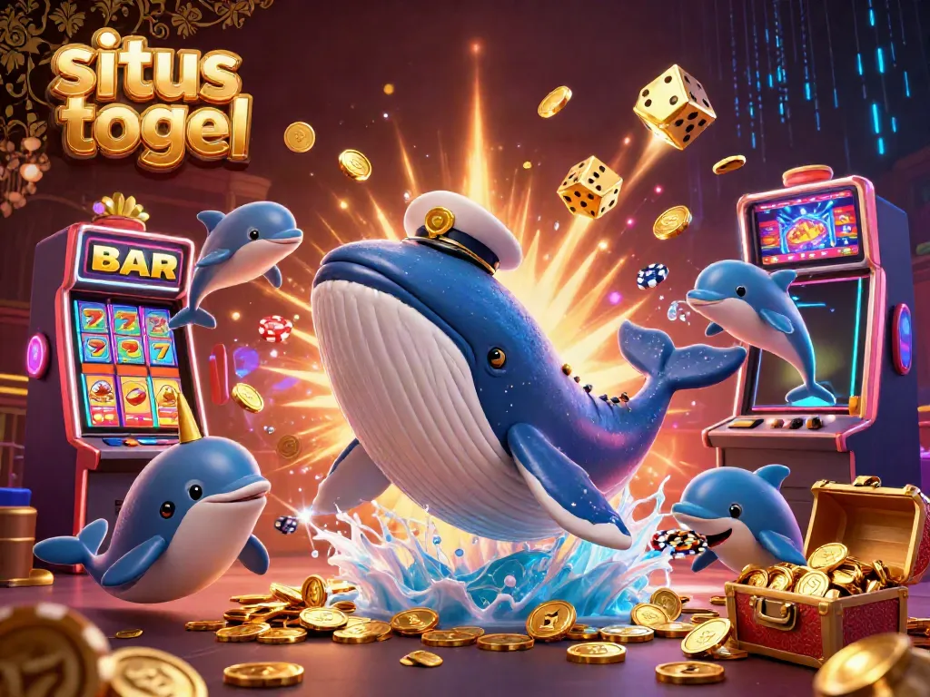 Experience situs togel excitement with a vibrant 3D whale, narwhal, and dolphins in a rich casino scene.