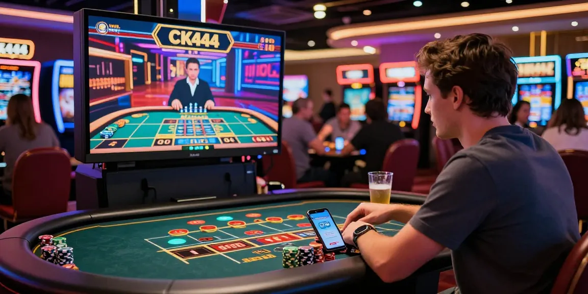 Excited player at CK444 casino table with live dealer, showcasing vibrant gaming atmosphere.