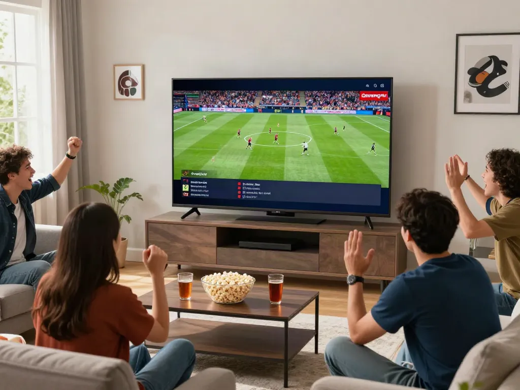 Fans enjoying a thrilling live football match on Gavangtv in a cozy living room.