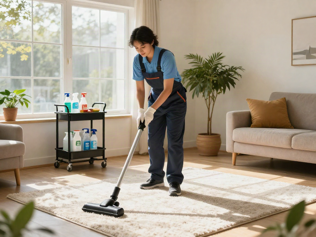 Professional cleaner vacuuming a well-lit living room with spotlessness from slot 10k cleaning services.