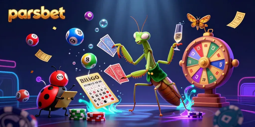 Experience the excitement of parsbet with a giant praying mantis dealer and ladybug pit boss amid vibrant gambling elements.