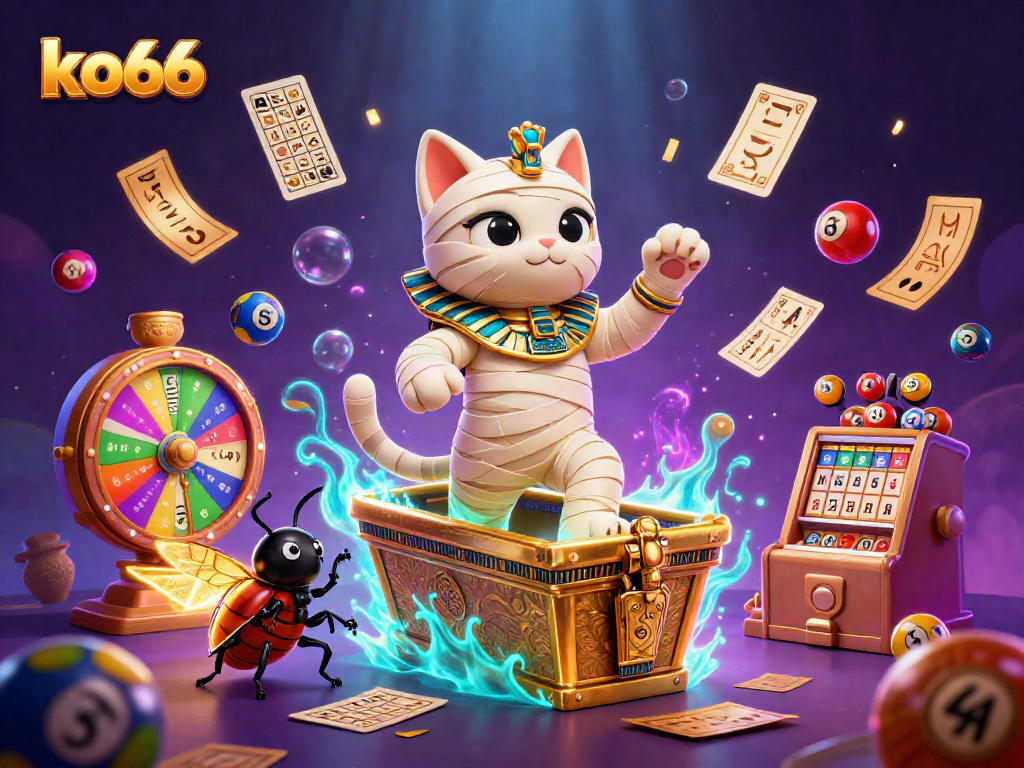 Experience excitement at ko66 with a vibrant casino scene featuring a mummy cat and games.