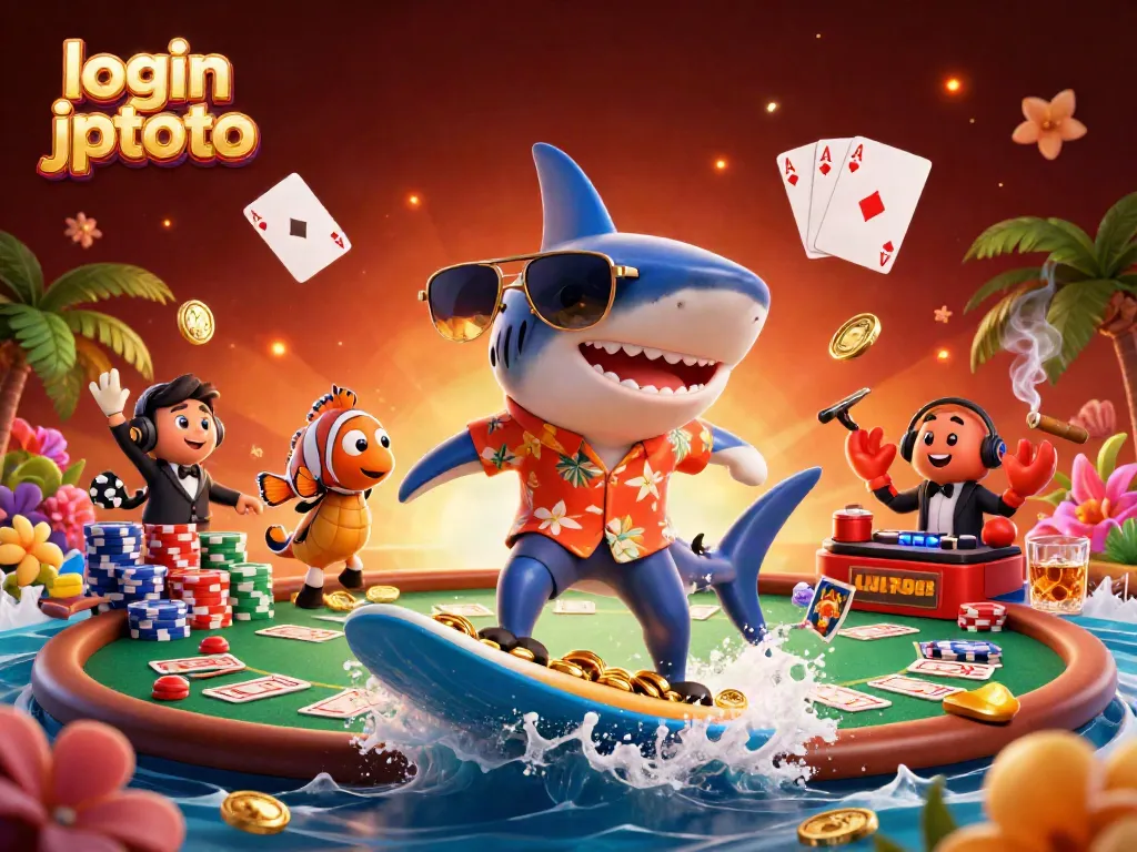Engage with login jptoto action-packed illustration featuring a shark surfing gold coins amid casino elements.