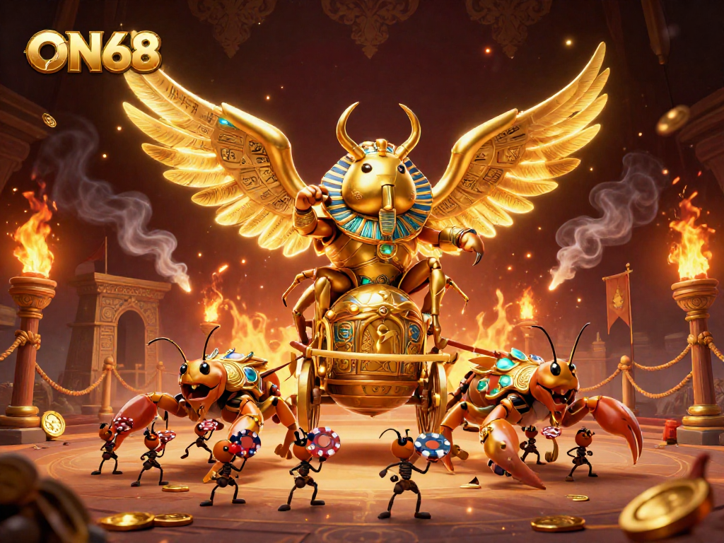 Experience the thrill of ON68 with a vibrant 3D illustration capturing a golden beetle and scorpions in an energetic casino setting.